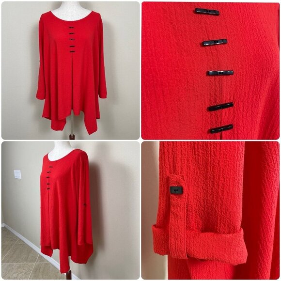 Ali Miles Tunic Top Women 1X Asymmetrical Artsy Crinkle Textured Long Sleeve Red - Picture 1 of 16